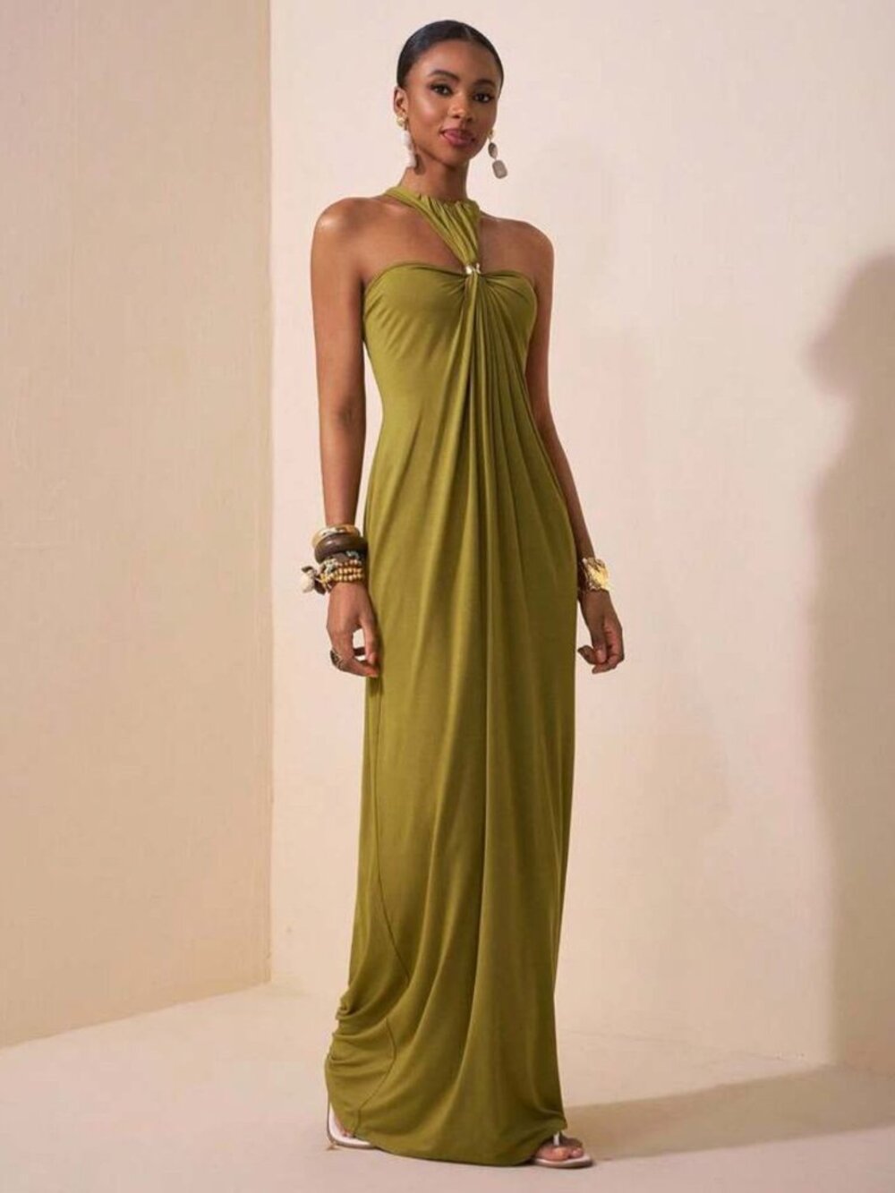 Olive Green Summer Maxi Dress, Open-Back Halter Neck Long Dress with Metal Ring